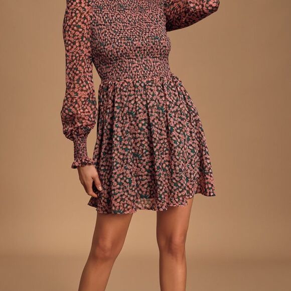 Lulus Floral Forever Green Pink Smocked Mini Dress sz Small - Picture 2 of 12